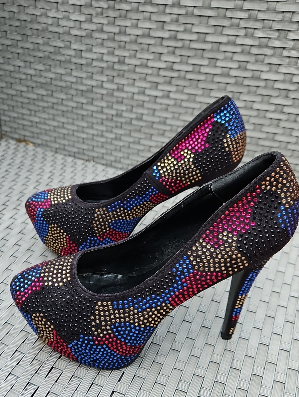 Traffic Black Platform Pumps with Blue Pink Red and Gold Accents. Size 10